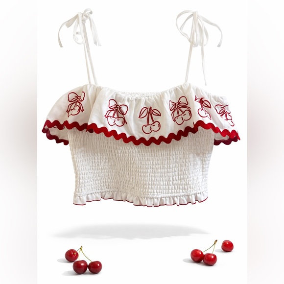 Evolutionary Tops - 🍒 Evolutionary Cherry & Bow Smocked Crop Top Red and White Size L NWT